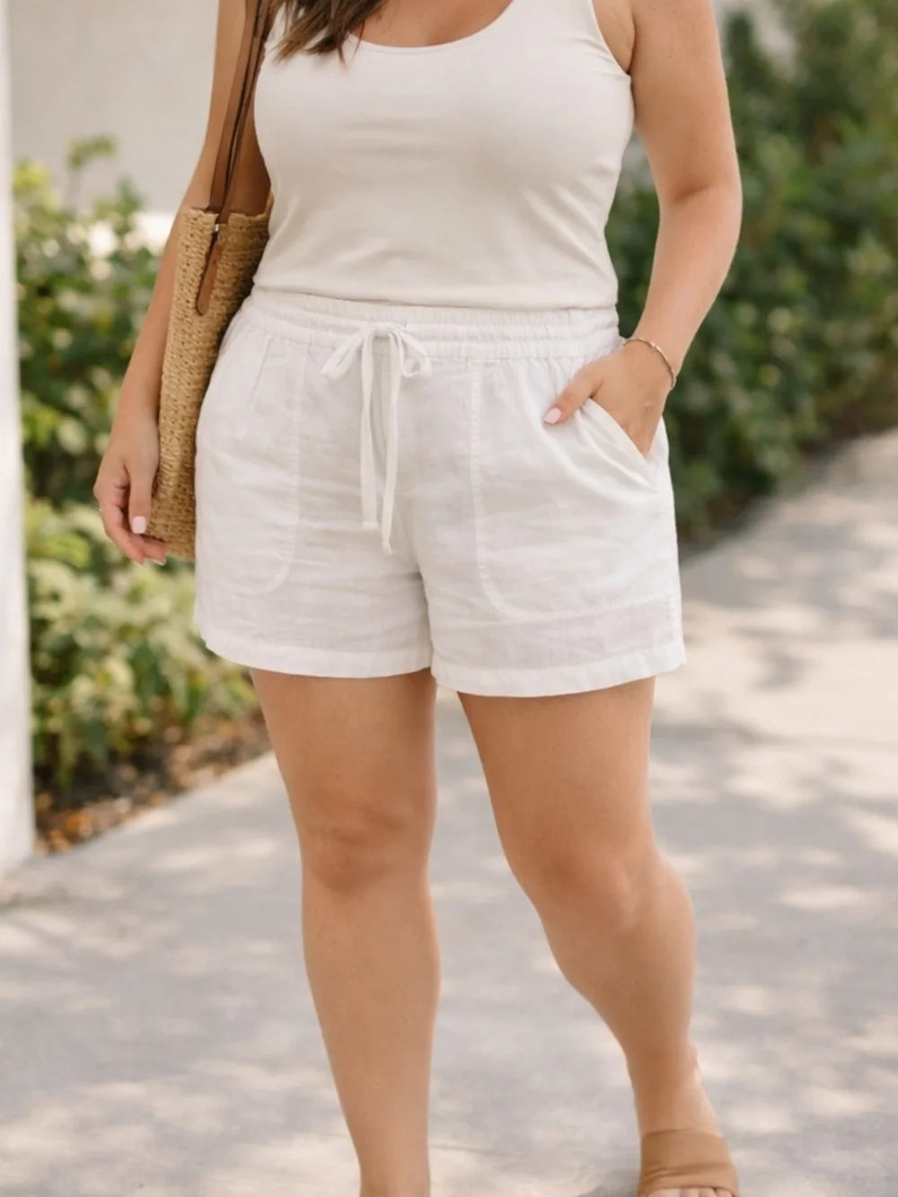 J.Crew White Linen Blend Shorts Elastic Waist Pockets Size L